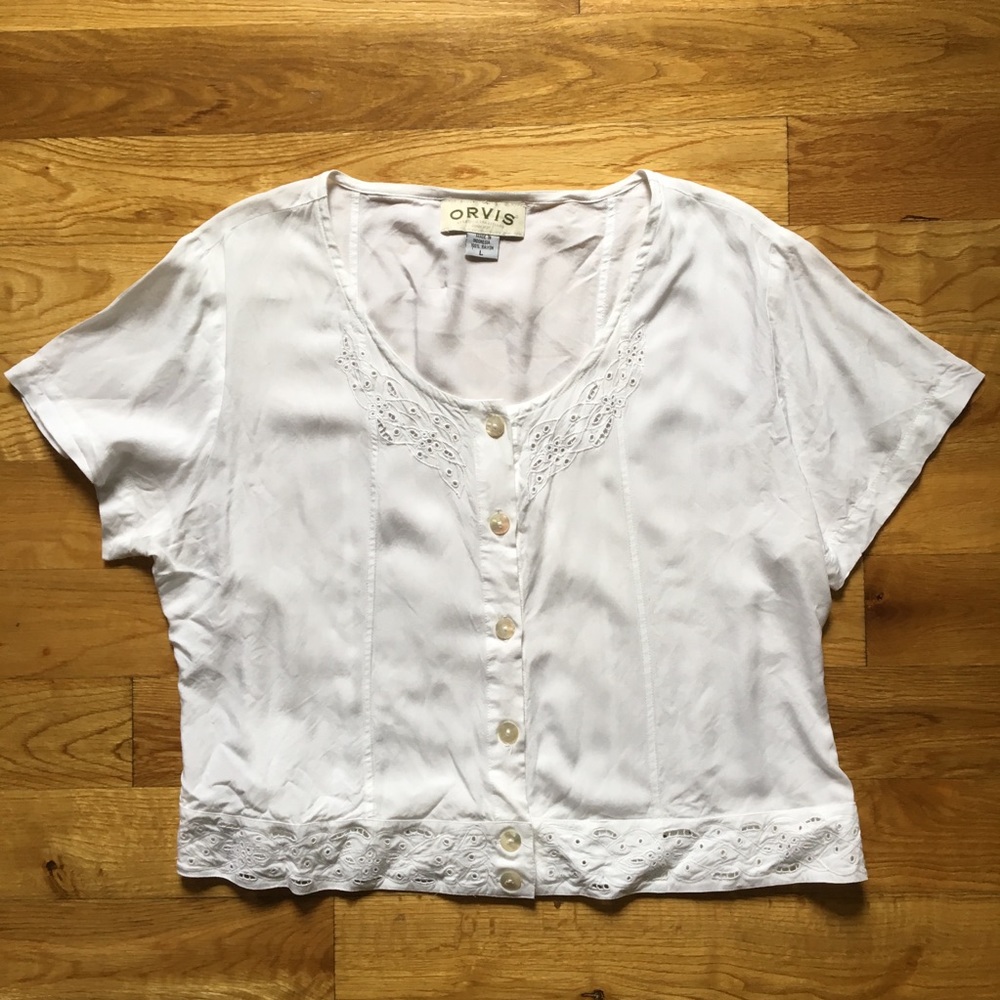 Vintage Orvis Eyelet Button Up short Sleeved Top L